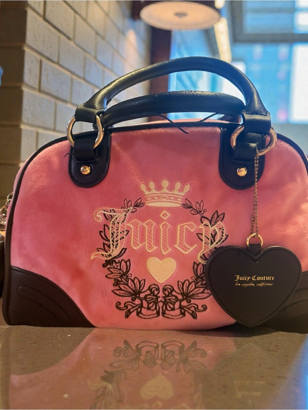 Juicy Couture Pink and Black Satchel with Heart Charm with crossbody- no callout
